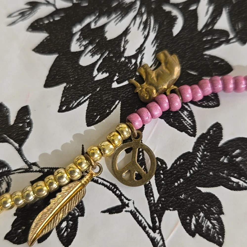 Pink and Gold Beaded Charm Bracelet Set Wg5 - Picture 7 of 7